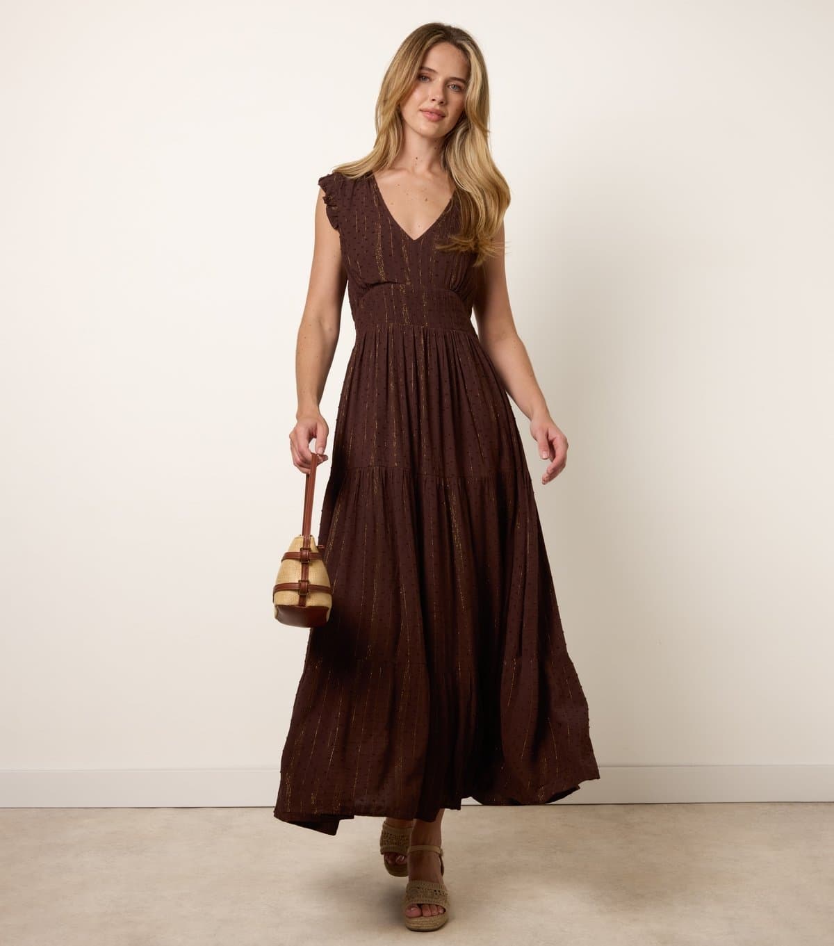 Blue Vanilla Women's Dark Brown V Neck Tiered Midi Dress Blue Vanilla New Look