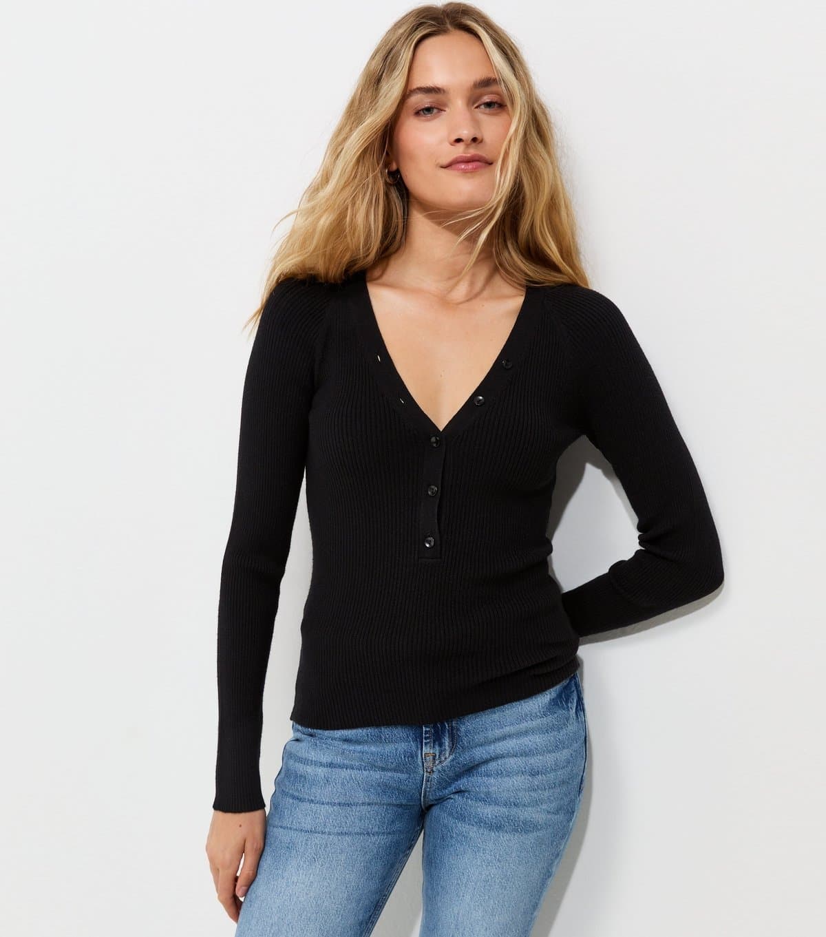 New Look Women's Black Ribbed Knit Lightweight Henley Top New Look