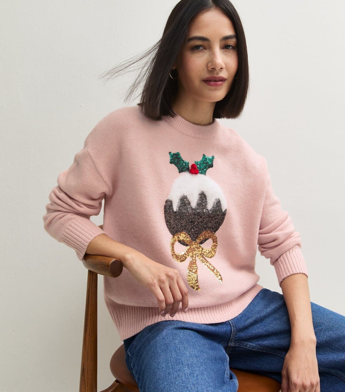New Look Women's Pink Xmas Sequin Pudding Crew Neck Jumper New Look