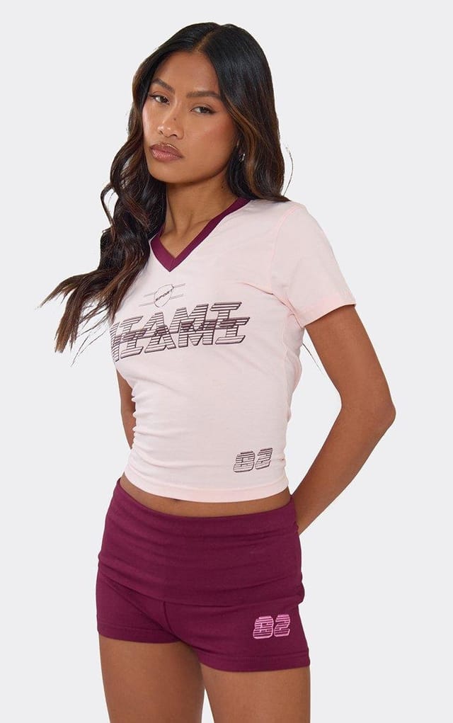 EGO Fold Over Waist Graphic Detail Hot Pant Shorts In Burgundy, Women's Size UK 6 - 2