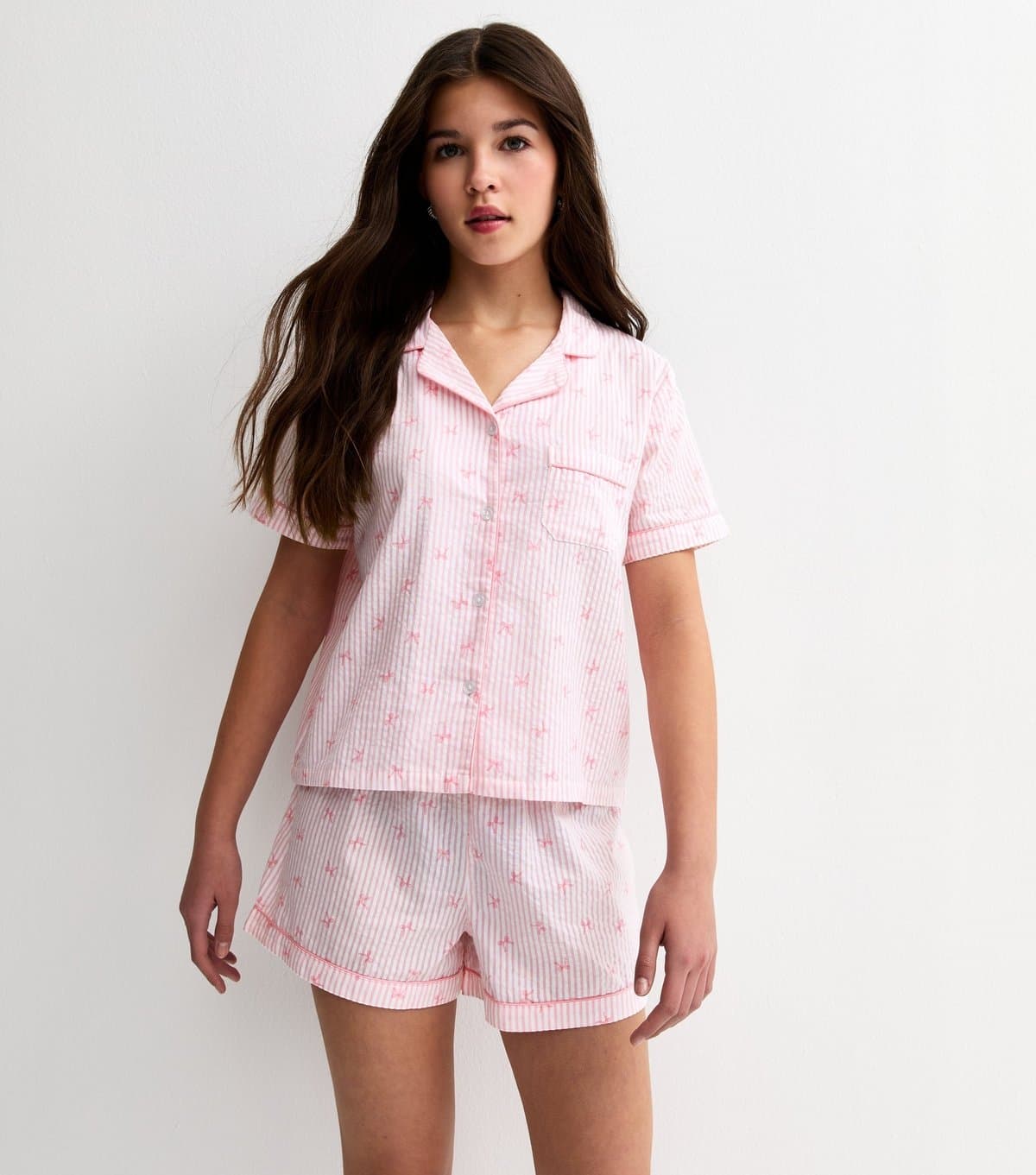 New Look Girls' Light Pink Stripe Bow Revere Collar Shirt and Shorts Pyjama Set New Look