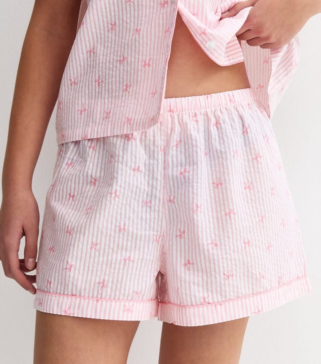New Look Girls' Light Pink Stripe Bow Revere Collar Shirt and Shorts Pyjama Set New Look - 2