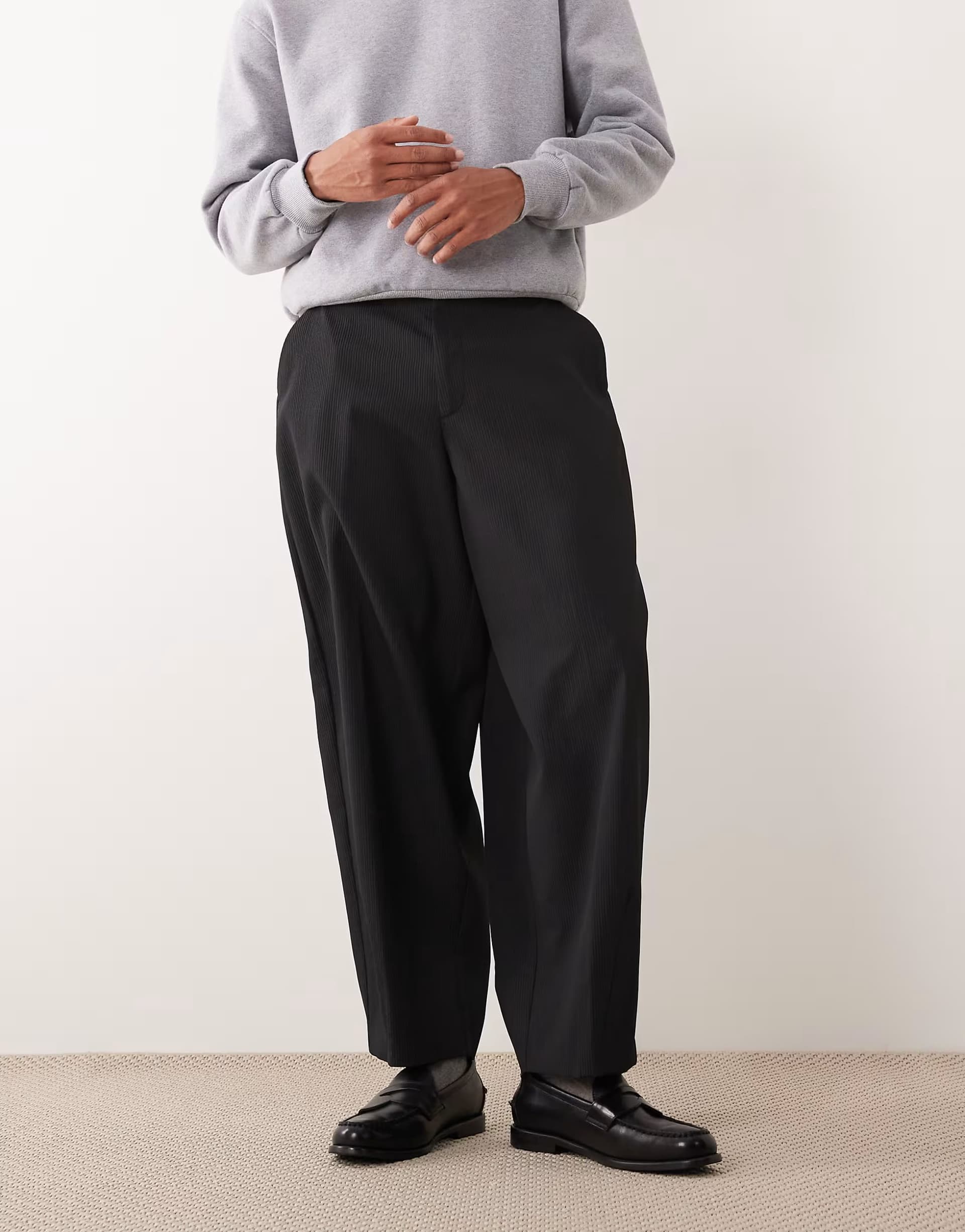 ASOS ASOS DESIGN tailored barrel leg trousers in black rib texture