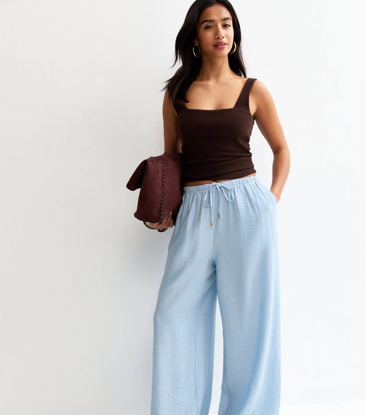 New Look Women's Petite Light Blue Crinkle Texture Wide Leg Trousers New Look - 1