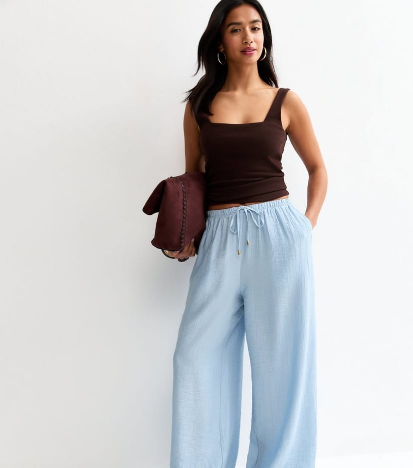 New Look Women's Petite Light Blue Crinkle Texture Wide Leg Trousers New Look - 1