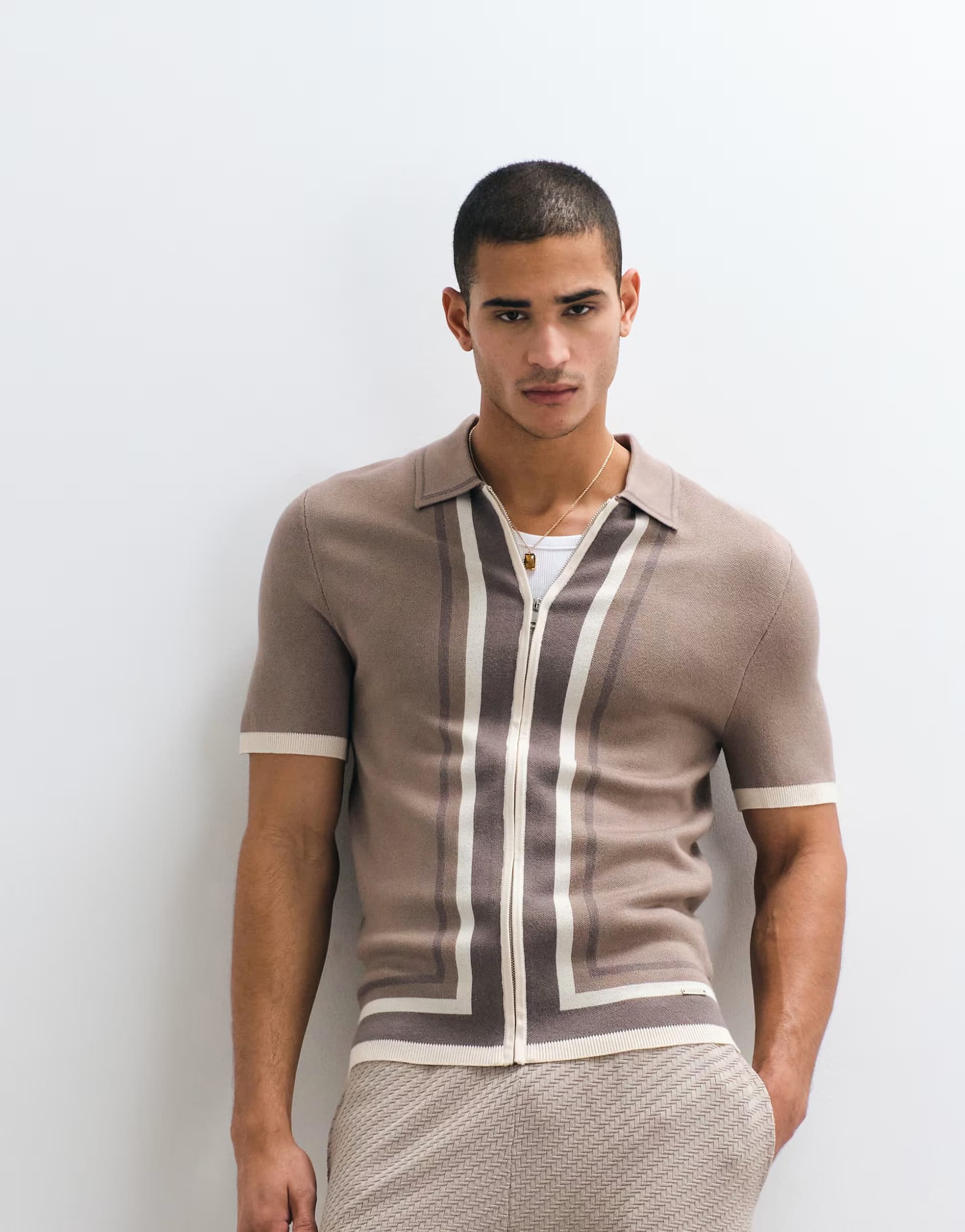 ASOS Belier panelled zip through knitted polo in taupe