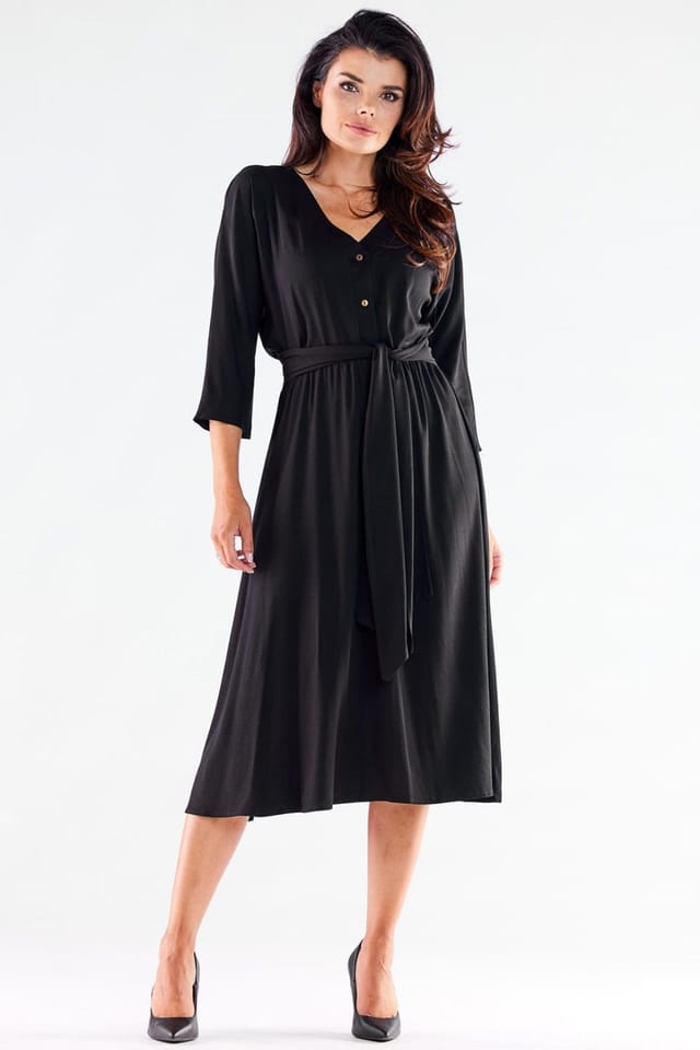 Love Lace Love Lace Women's Buttoned Midi Dress with Belt Trapezoid Hem in Black - 2