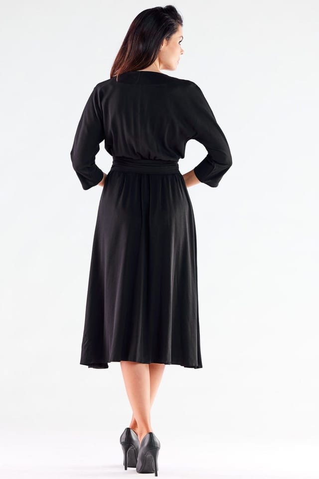 Love Lace Love Lace Women's Buttoned Midi Dress with Belt Trapezoid Hem in Black - 3
