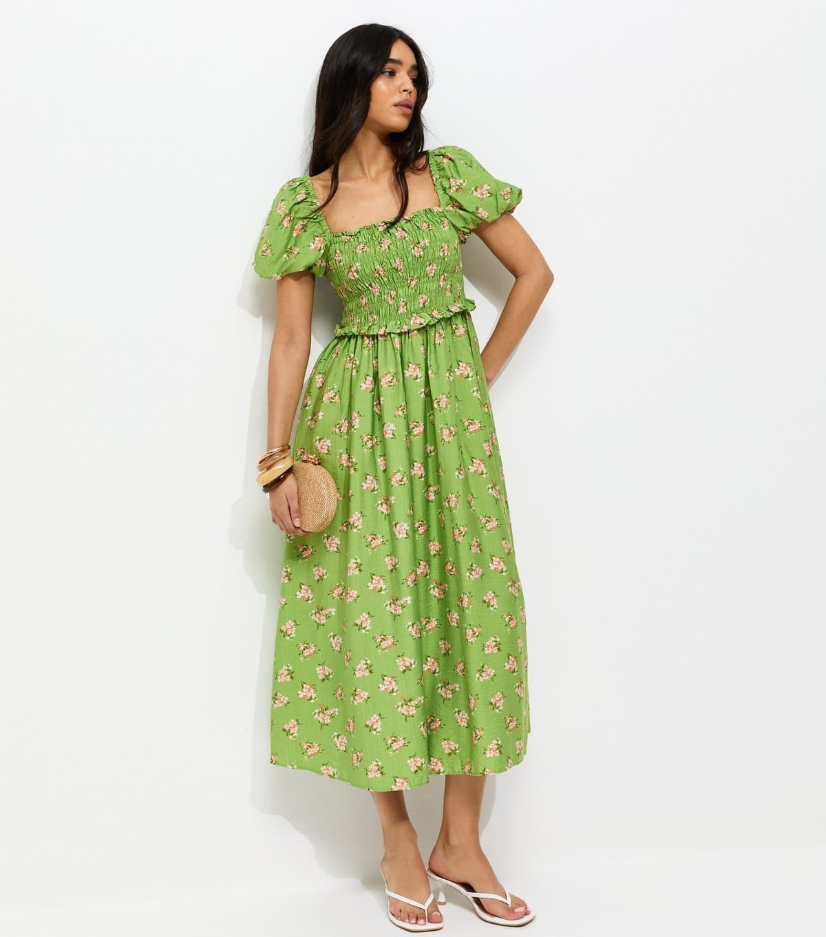 New Look Women's Green Floral Shirred Puff Sleeve Midi Dress New Look