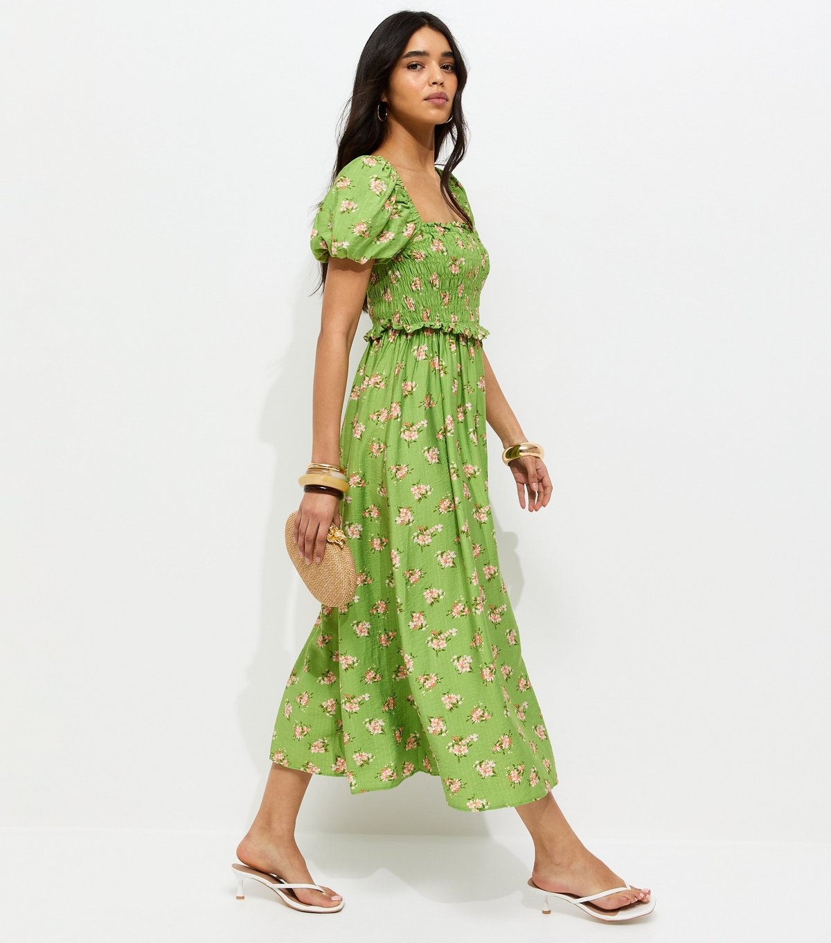 New Look Women's Green Floral Shirred Puff Sleeve Midi Dress New Look - 3