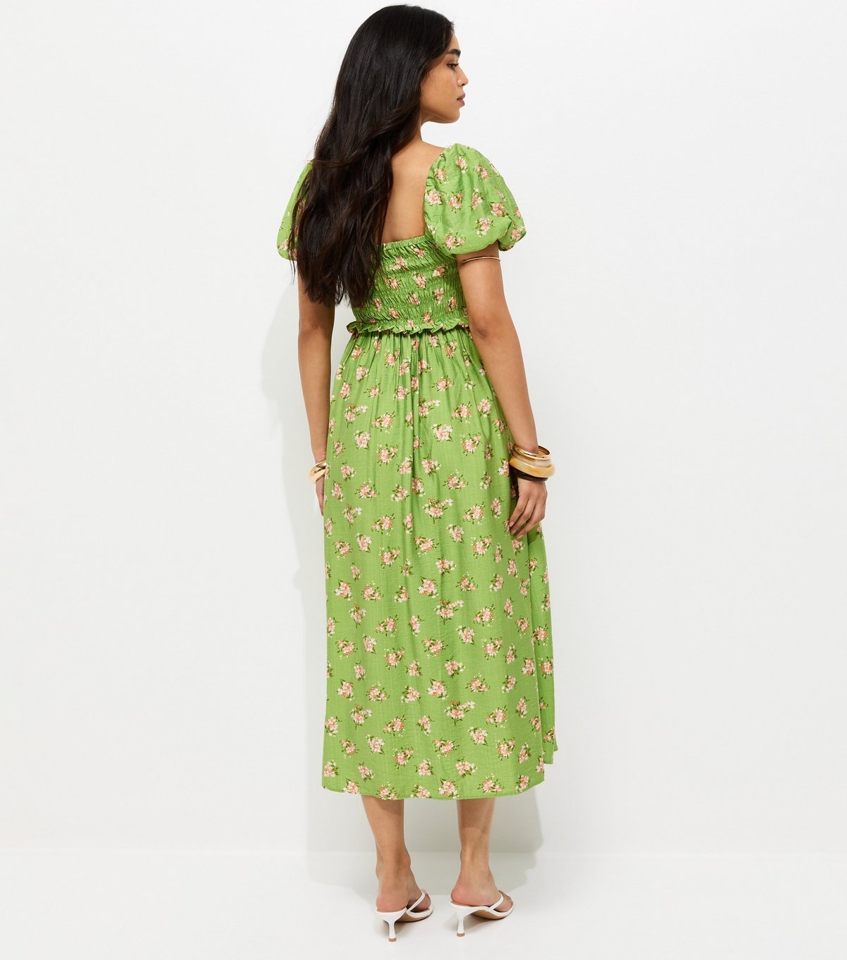 New Look Women's Green Floral Shirred Puff Sleeve Midi Dress New Look - 4