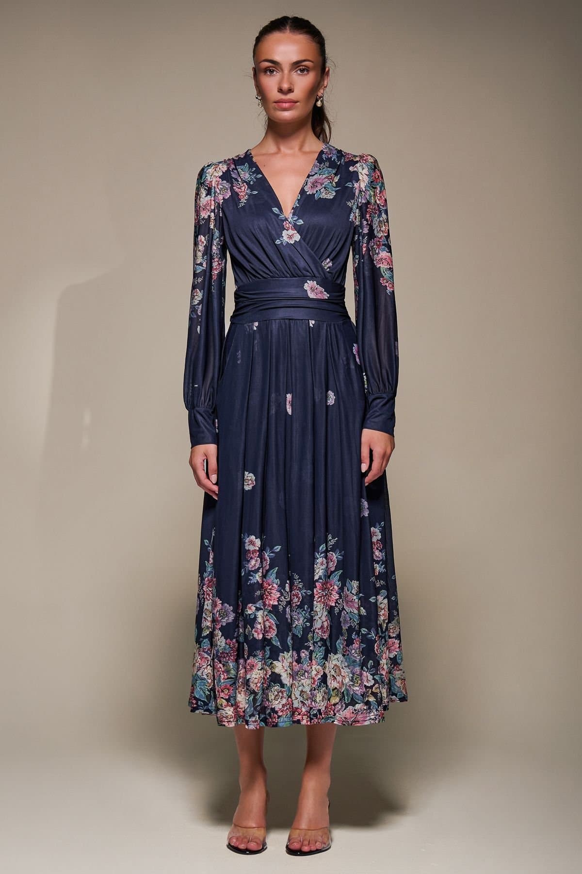 Jolie Moi Jolie Moi Women's Long Sleeve Printed Mesh Midaxi Dress in Navy