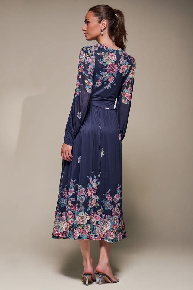 Jolie Moi Jolie Moi Women's Long Sleeve Printed Mesh Midaxi Dress in Navy - 2