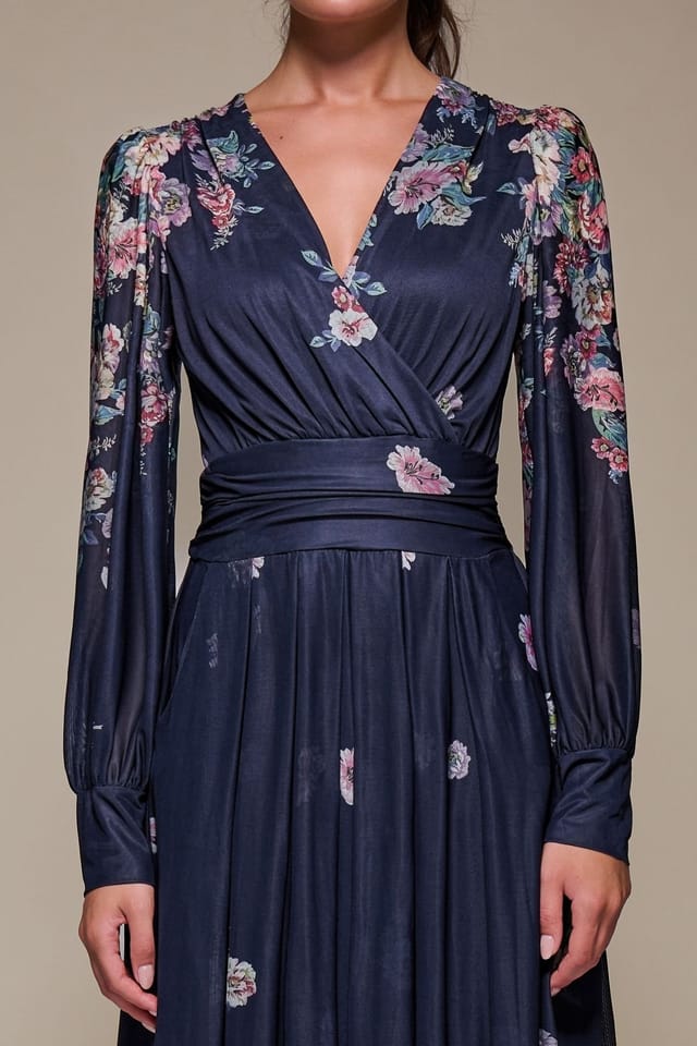 Jolie Moi Jolie Moi Women's Long Sleeve Printed Mesh Midaxi Dress in Navy - 3