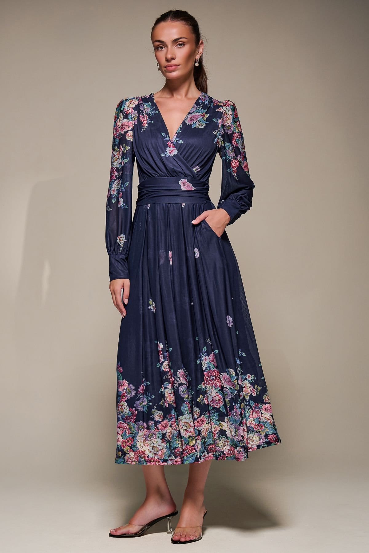 Jolie Moi Jolie Moi Women's Long Sleeve Printed Mesh Midaxi Dress in Navy - 4