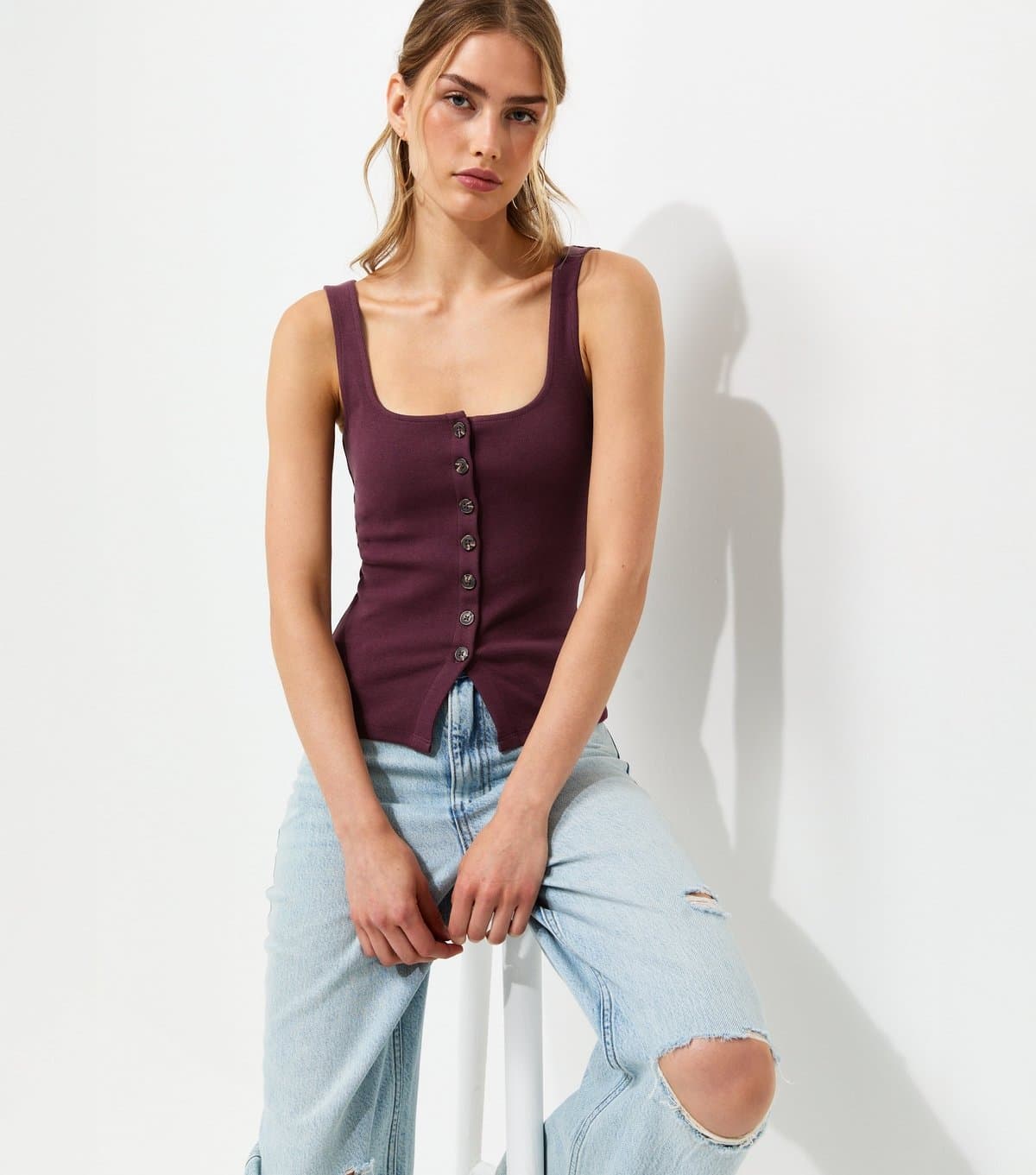 New Look Women's Premium Dark Burgundy Button Through Vest Top New Look