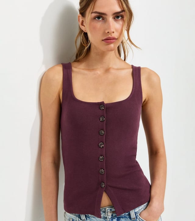 New Look Women's Premium Dark Burgundy Button Through Vest Top New Look - 2
