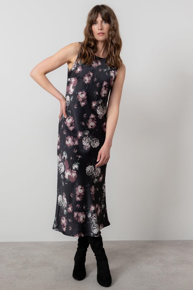 Lily & Me Lily & Me Women's Florence Sleeveless Woven Viscose Satin Midi Dress with Round neck in Black - 2