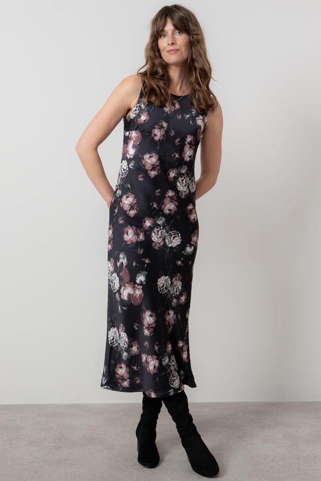 Lily & Me Lily & Me Women's Florence Sleeveless Woven Viscose Satin Midi Dress with Round neck in Black - 3