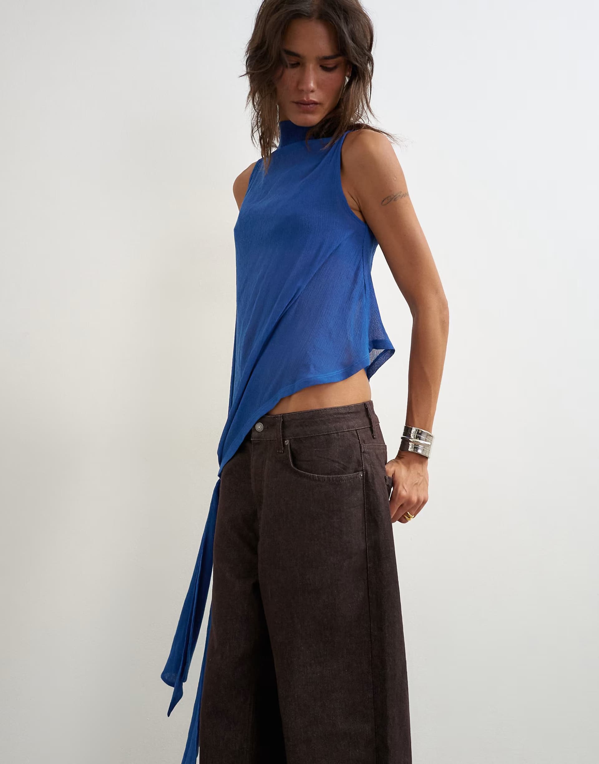 ASOS Topshop cowl neck tie knot drape top in colbalt blue