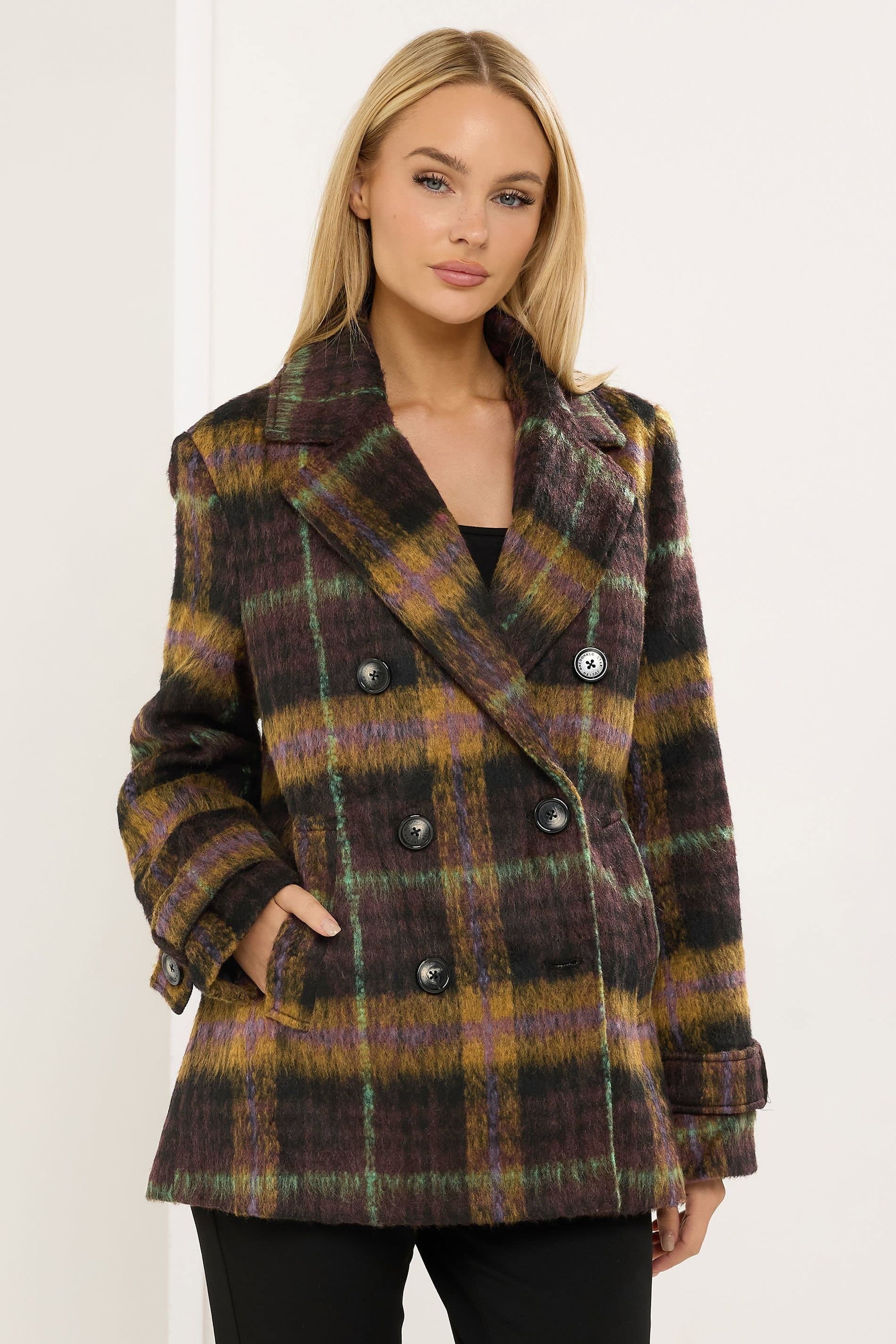 Star By Julien Macdonald Star by Julien Macdonald Women's Check Print Pea Coat in Brown