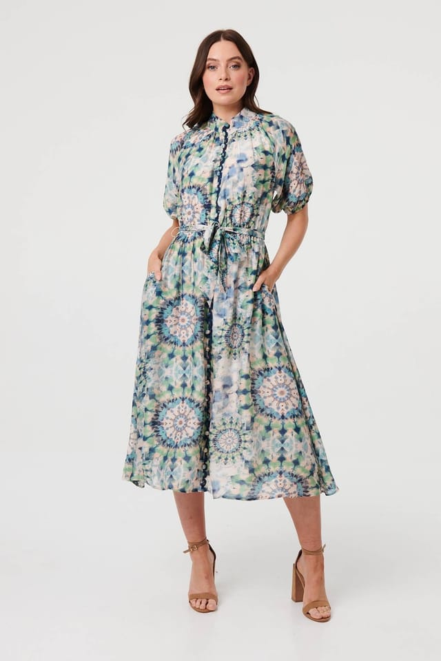 Izabel London Izabel London Women's Abstract Tie Waist 1/2 Sleeve Midi Dress in Green - 3