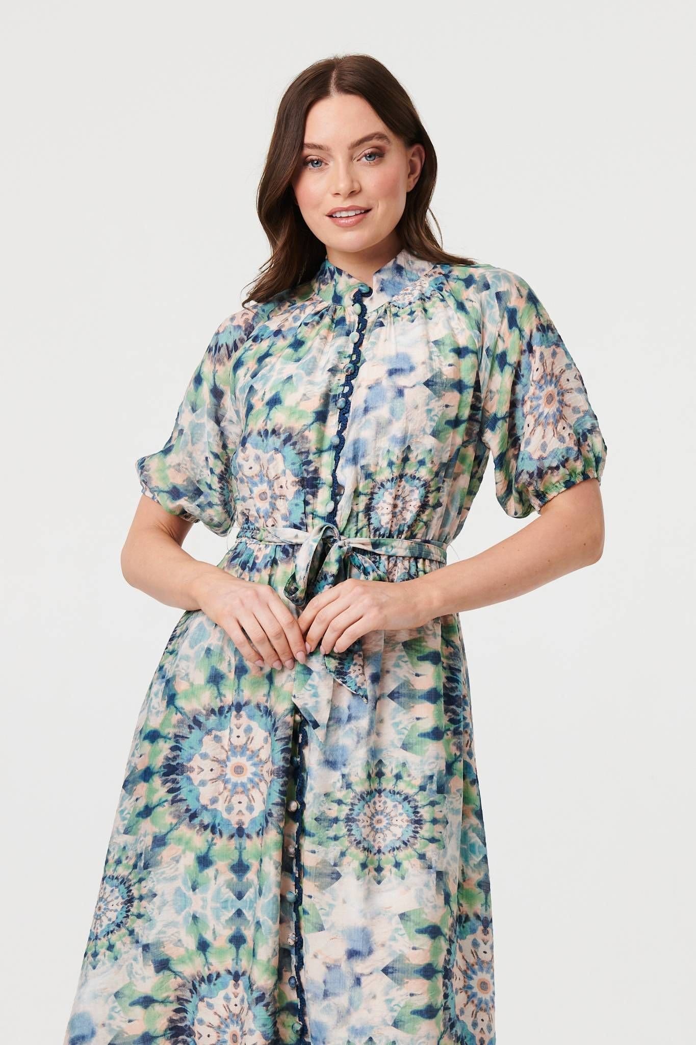 Izabel London Izabel London Women's Abstract Tie Waist 1/2 Sleeve Midi Dress in Green - 4