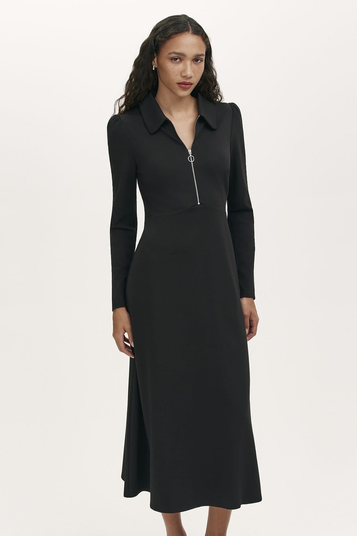 Finery London Finery London Women's Elvira Ponte Jersey Zip Front Midi Dress in True Black