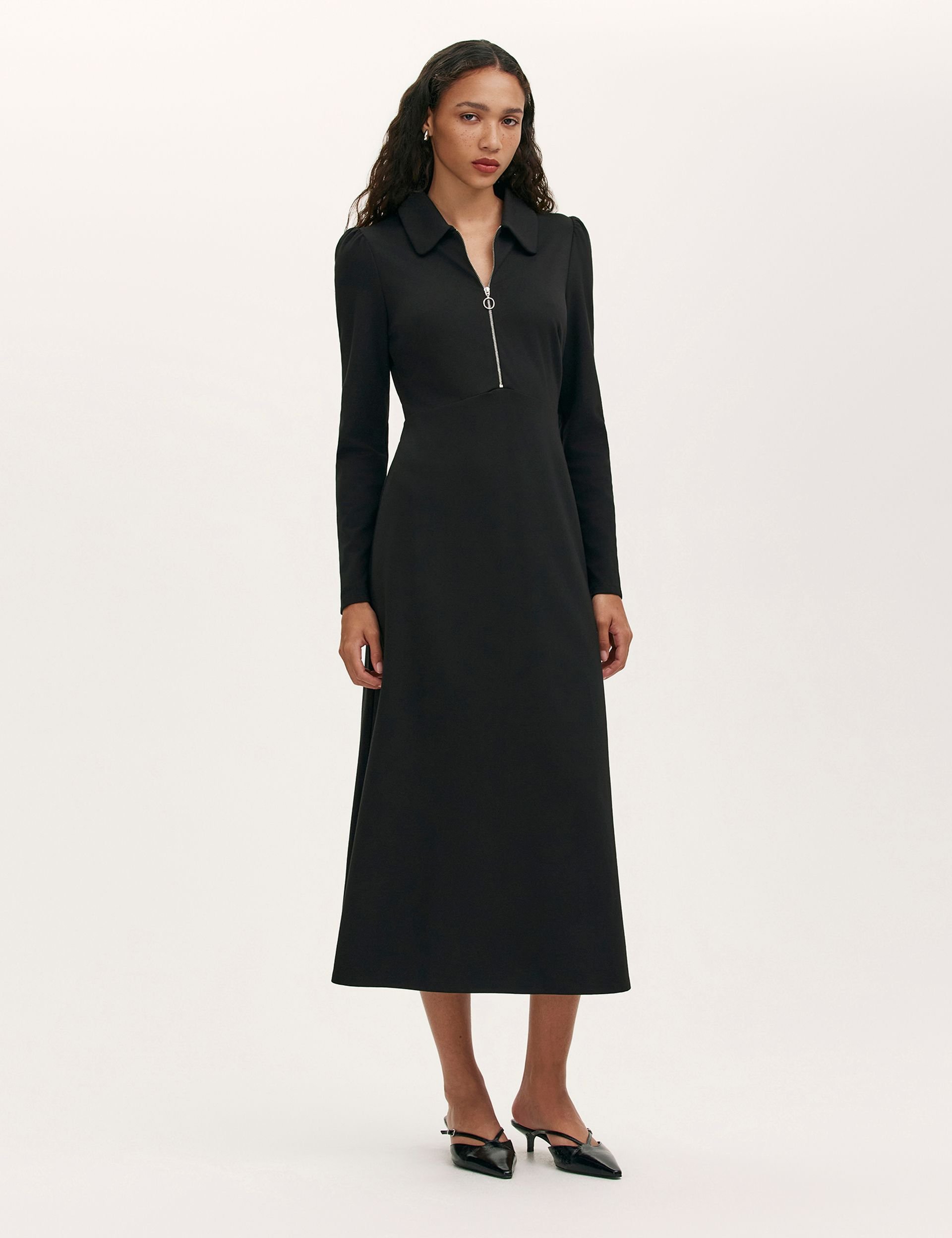 Finery London Finery London Women's Elvira Ponte Jersey Zip Front Midi Dress in True Black - 2