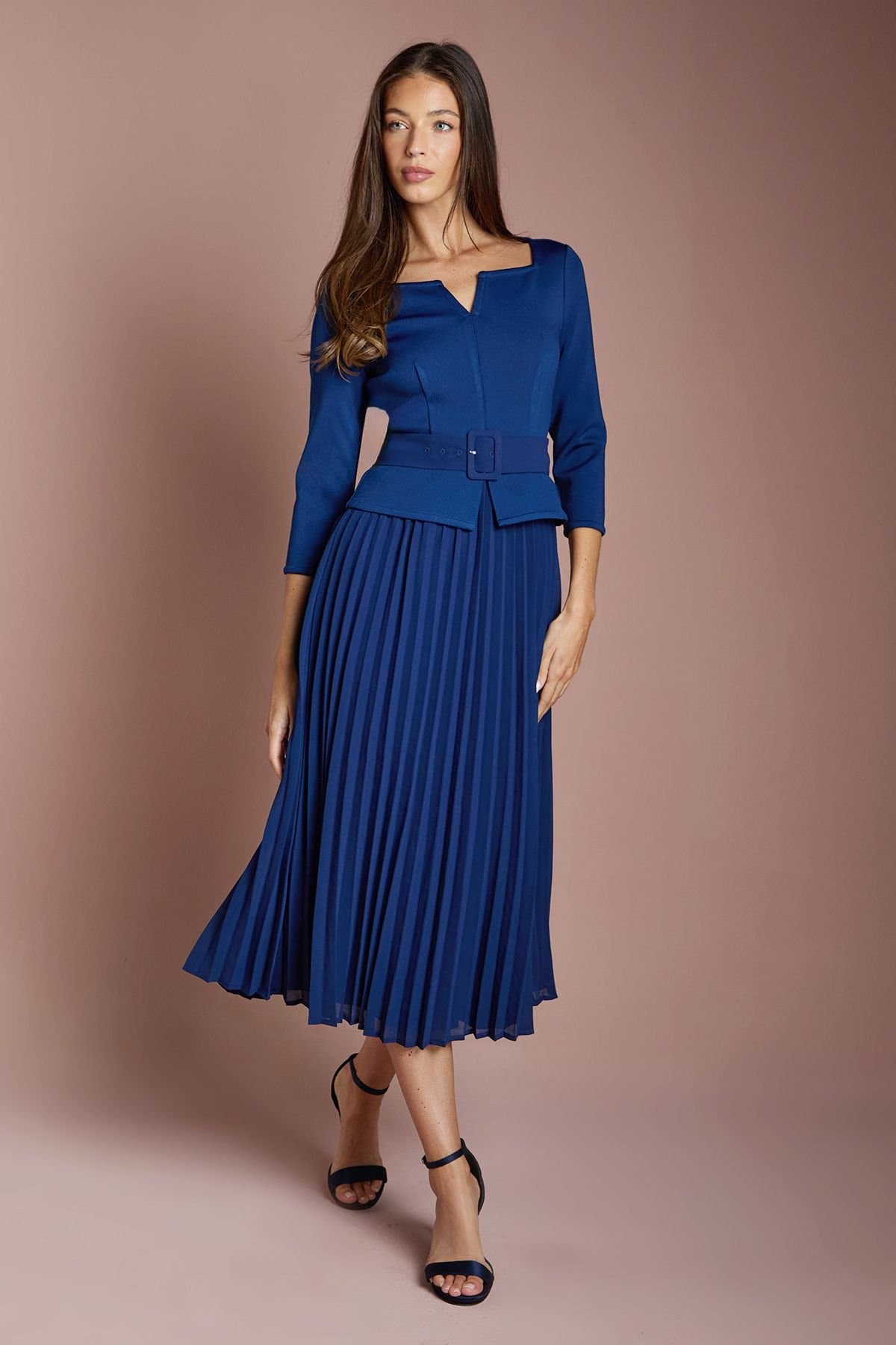 Coast Coast Women's Bandage Long Sleeve Dress with Pleated Skirt in Navy