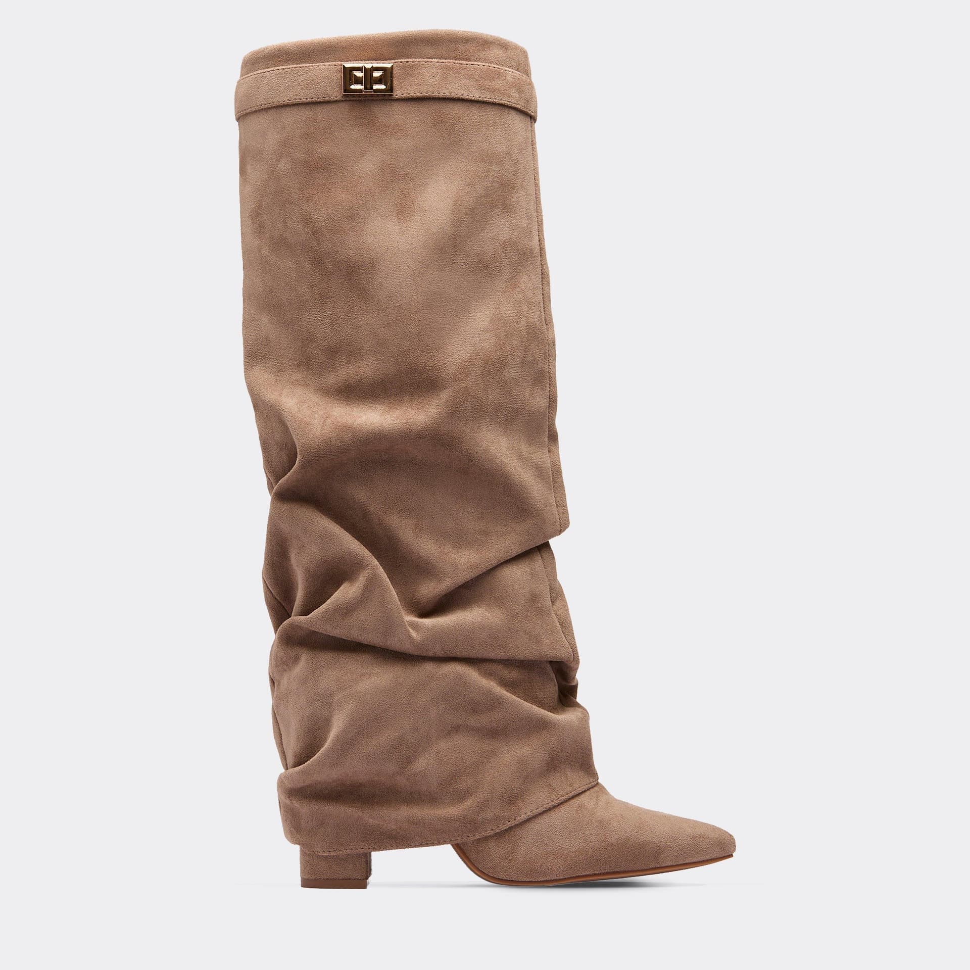 EGO Chella Lock Detail Pointed Toe Knee High Slouched Boot In Taupe Faux Suede, Women's Size UK 3
