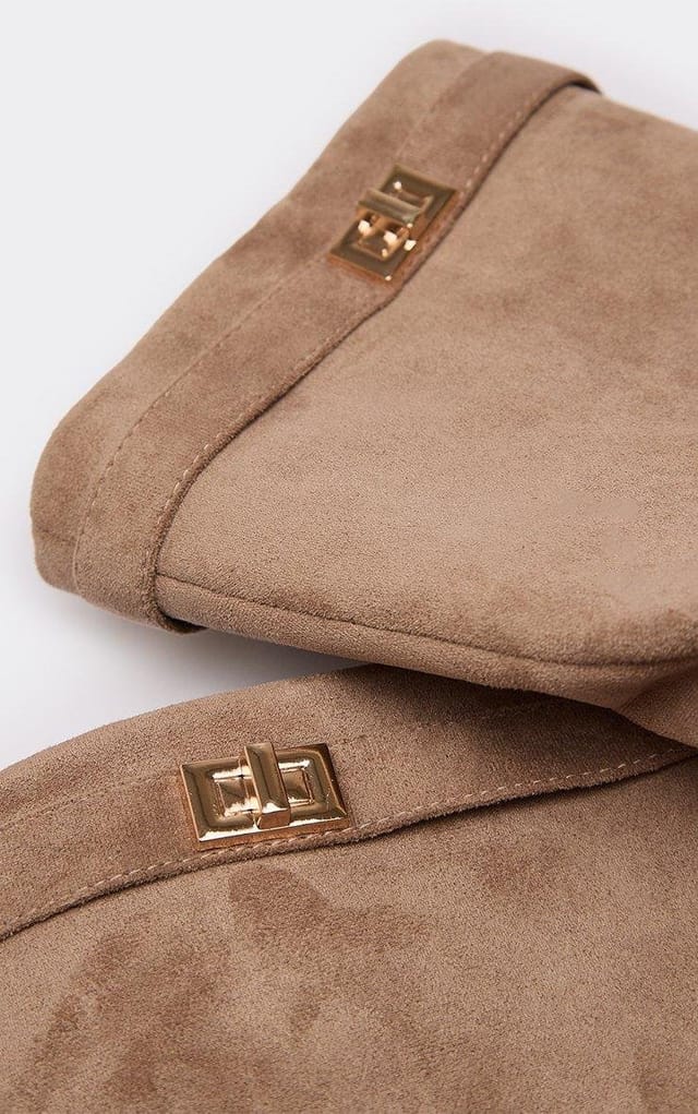EGO Chella Lock Detail Pointed Toe Knee High Slouched Boot In Taupe Faux Suede, Women's Size UK 3 - 2