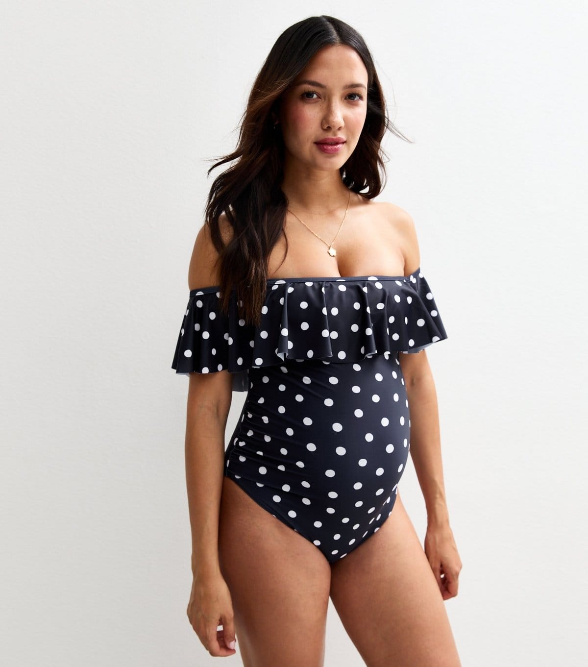 New Look Maternity Navy Spot Frill Bardot Swimsuit