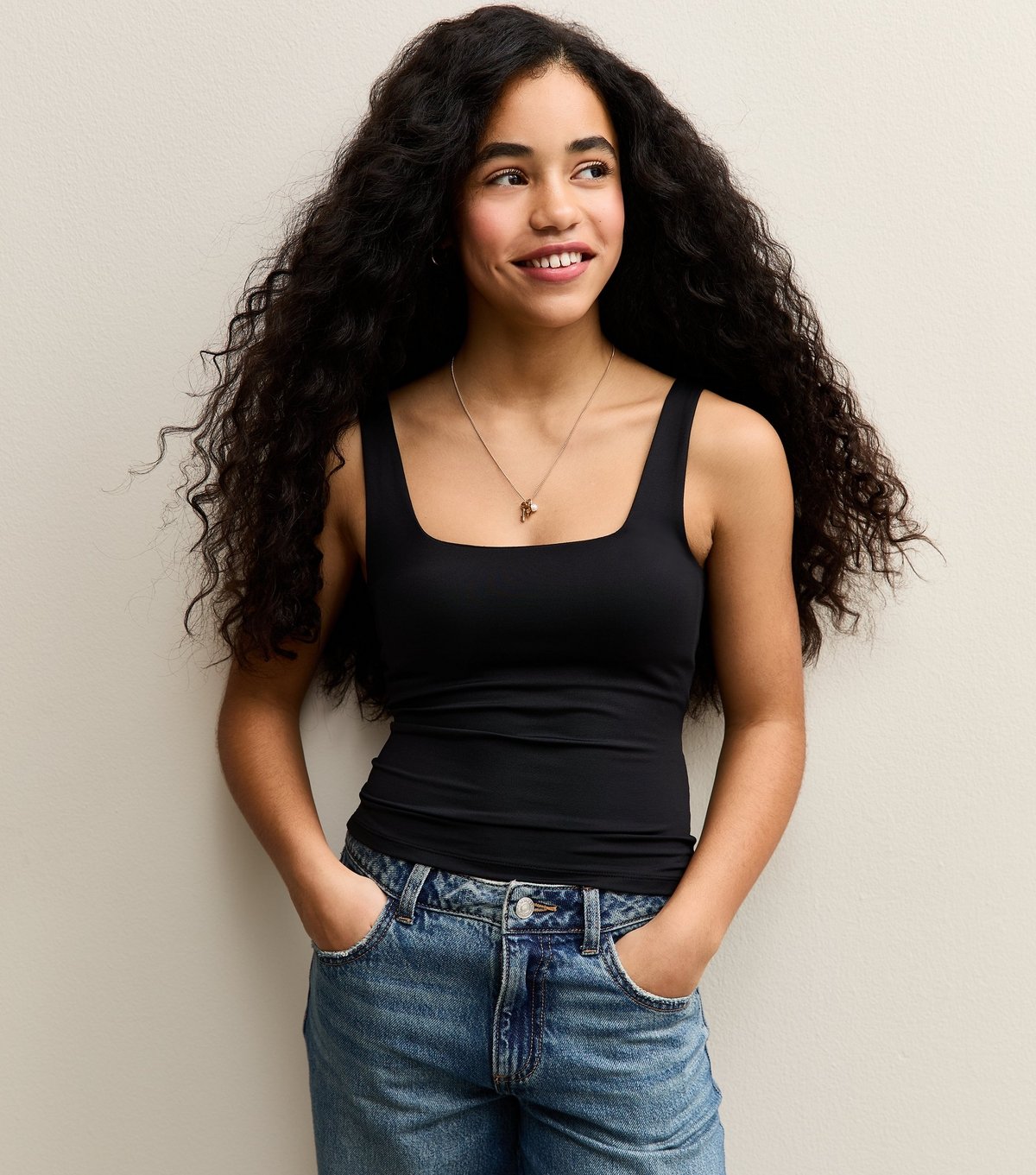 New Look Girls' Black Slinky Square Neck Vest Top New Look - 2