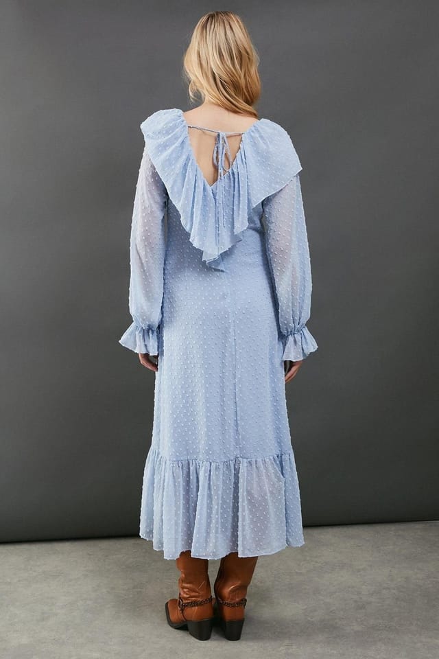 Warehouse Warehouse Women's Dobby Chiffon Ruffle High Low Hem Midi Dress in Blue - 2