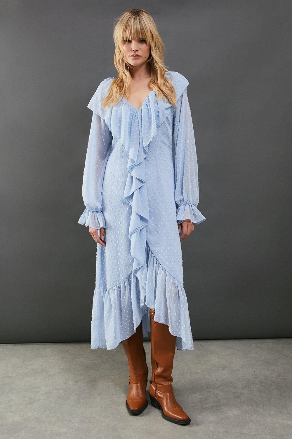 Warehouse Warehouse Women's Dobby Chiffon Ruffle High Low Hem Midi Dress in Blue - 3