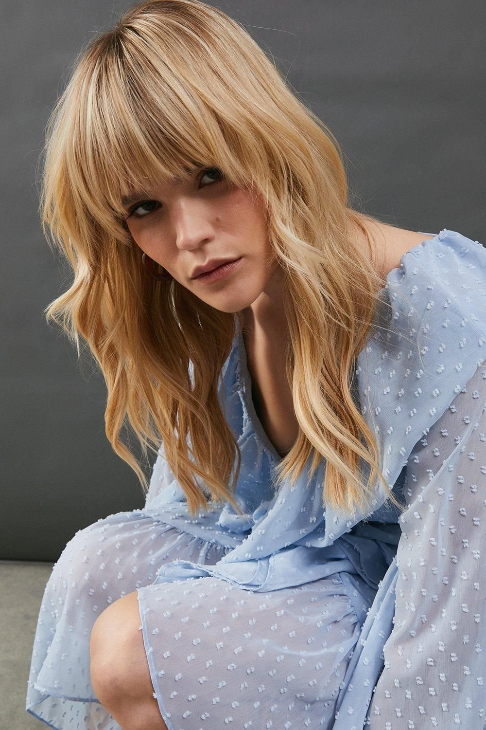 Warehouse Warehouse Women's Dobby Chiffon Ruffle High Low Hem Midi Dress in Blue - 4