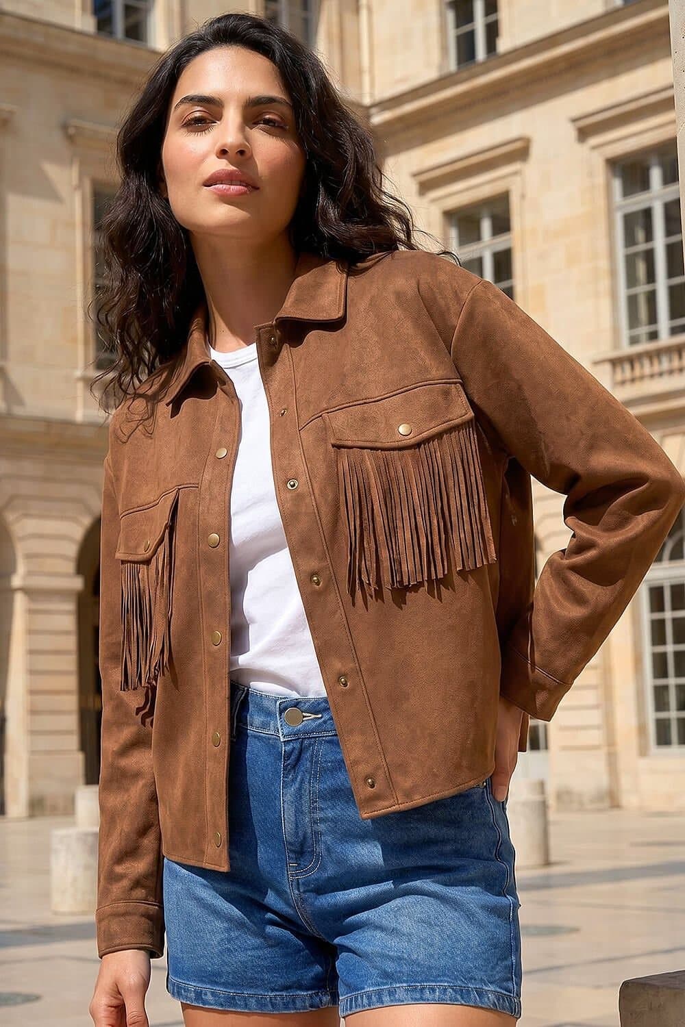 Dusk Dusk Women's Faux Suede Tassel Jacket in Chocolate