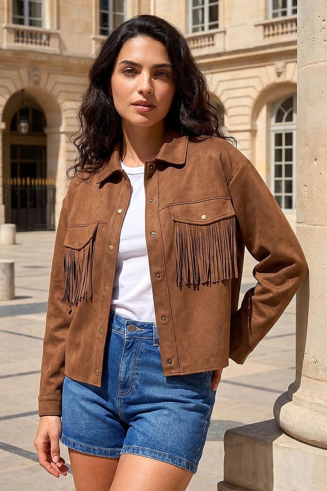 Dusk Dusk Women's Faux Suede Tassel Jacket in Chocolate - 2
