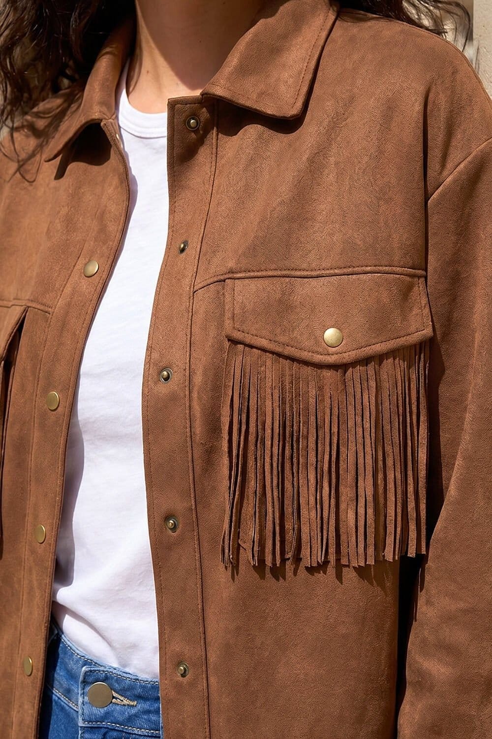 Dusk Dusk Women's Faux Suede Tassel Jacket in Chocolate - 4