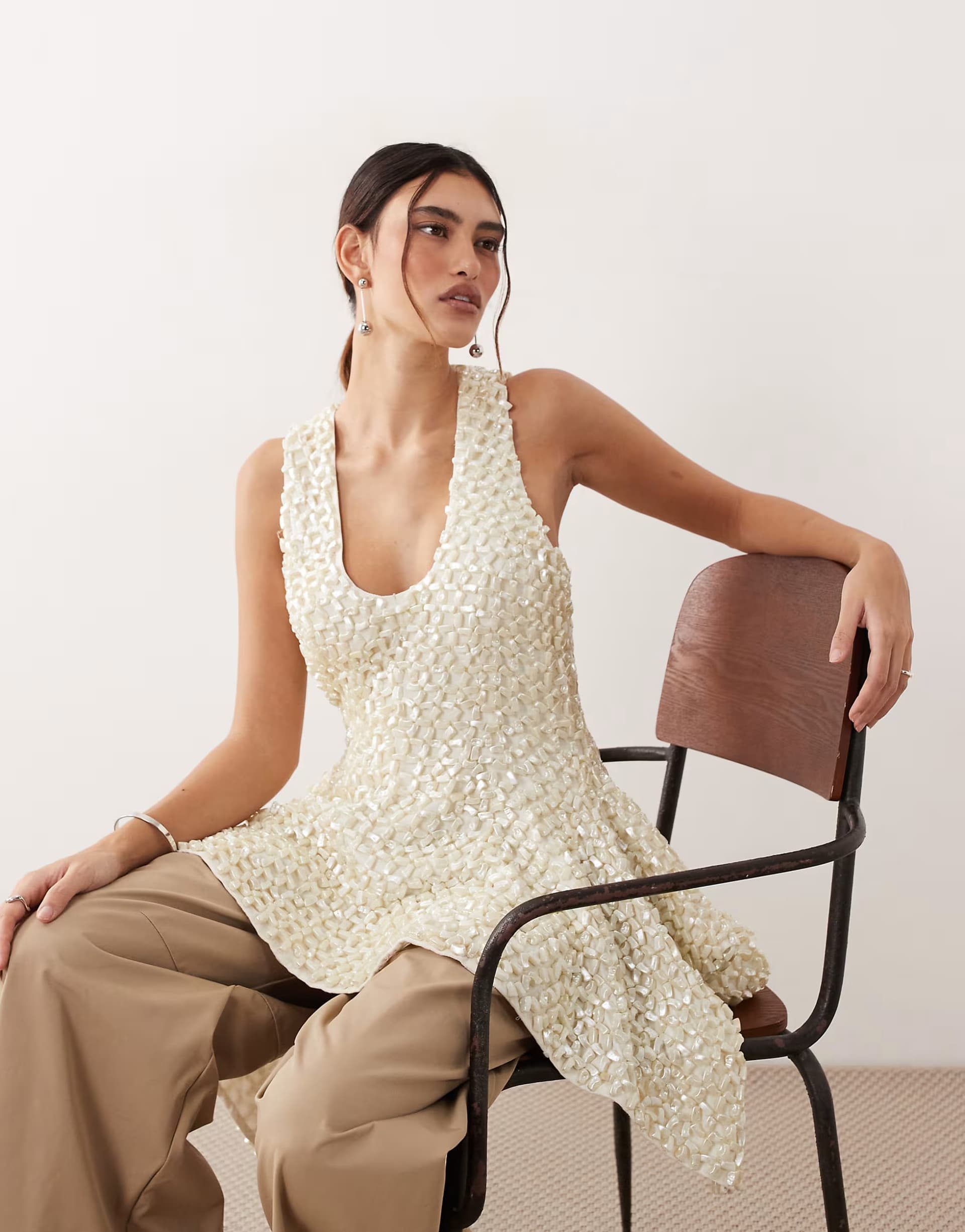 ASOS ARRANGE all over pearl embellished square hem peplum top in ivory