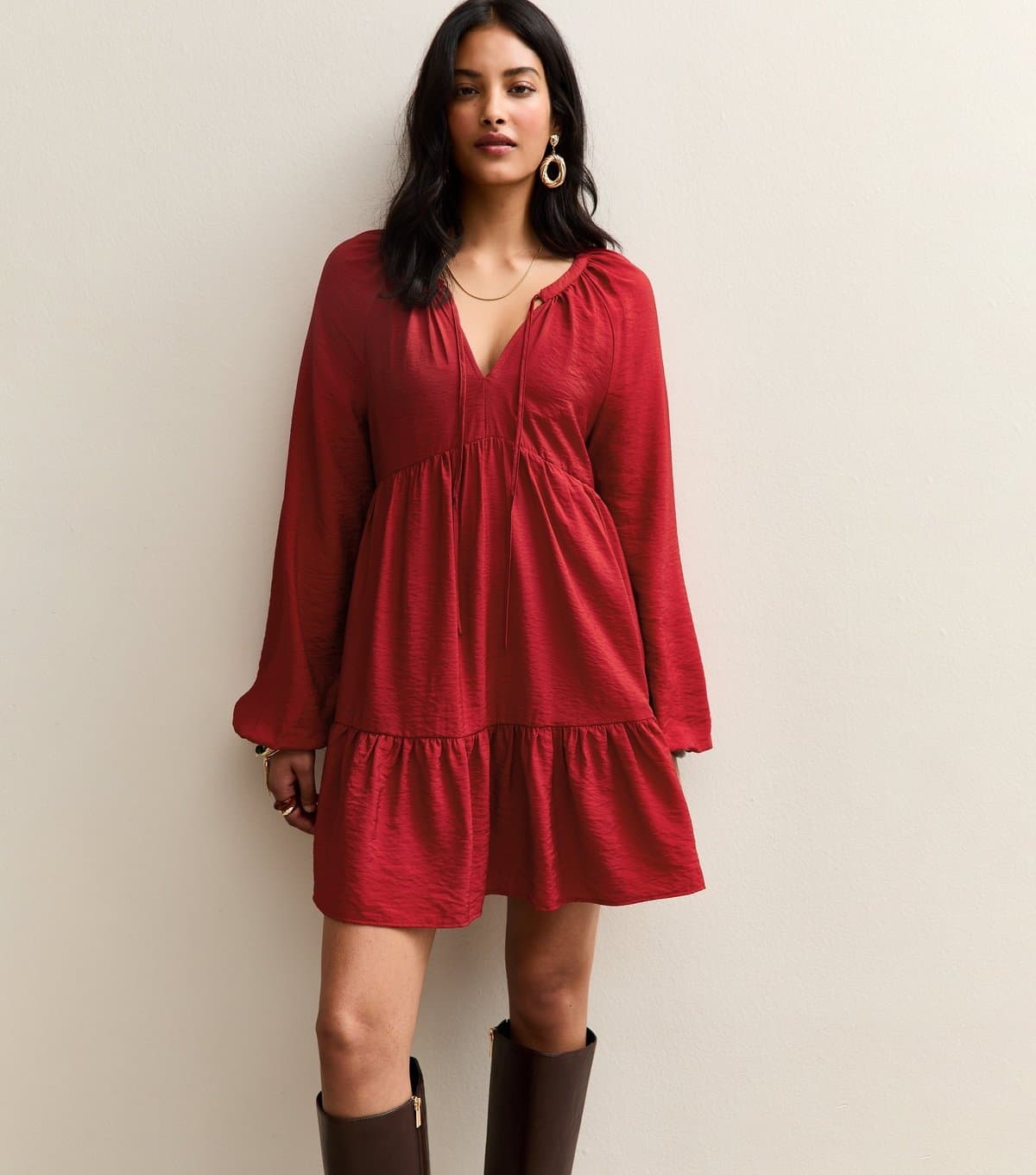 New Look Women's Red Tie Neck Tiered Mini Dress New Look