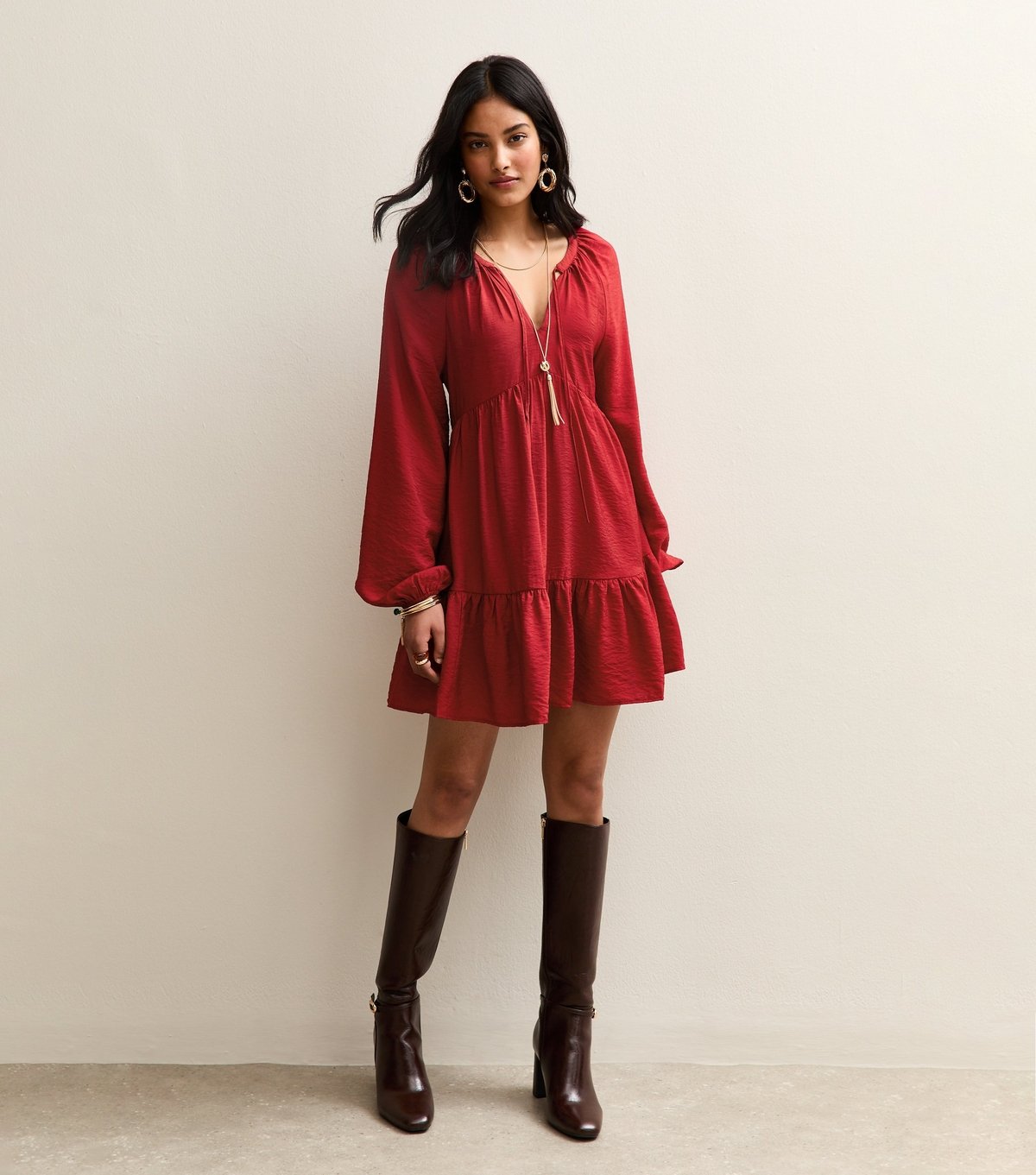 New Look Women's Red Tie Neck Tiered Mini Dress New Look - 2