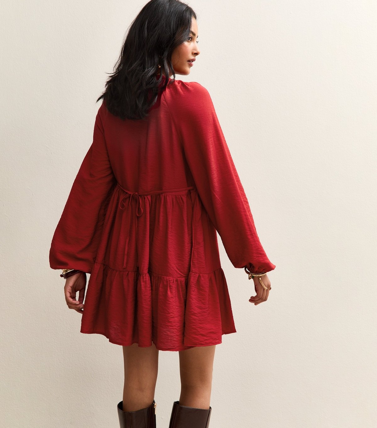 New Look Women's Red Tie Neck Tiered Mini Dress New Look - 4