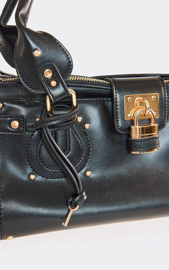 EGO Store Studded Lock Detail Shaped Grab Bag In Black Faux Leather, Women's Size UK 0 - 2