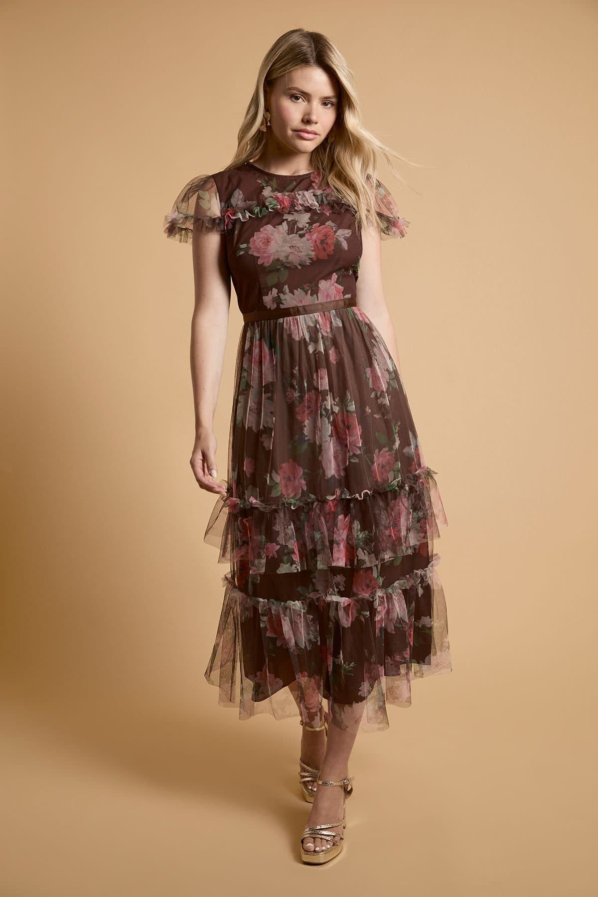 Oasis Oasis Women's Printed Tulle Maxi Dress in Brown