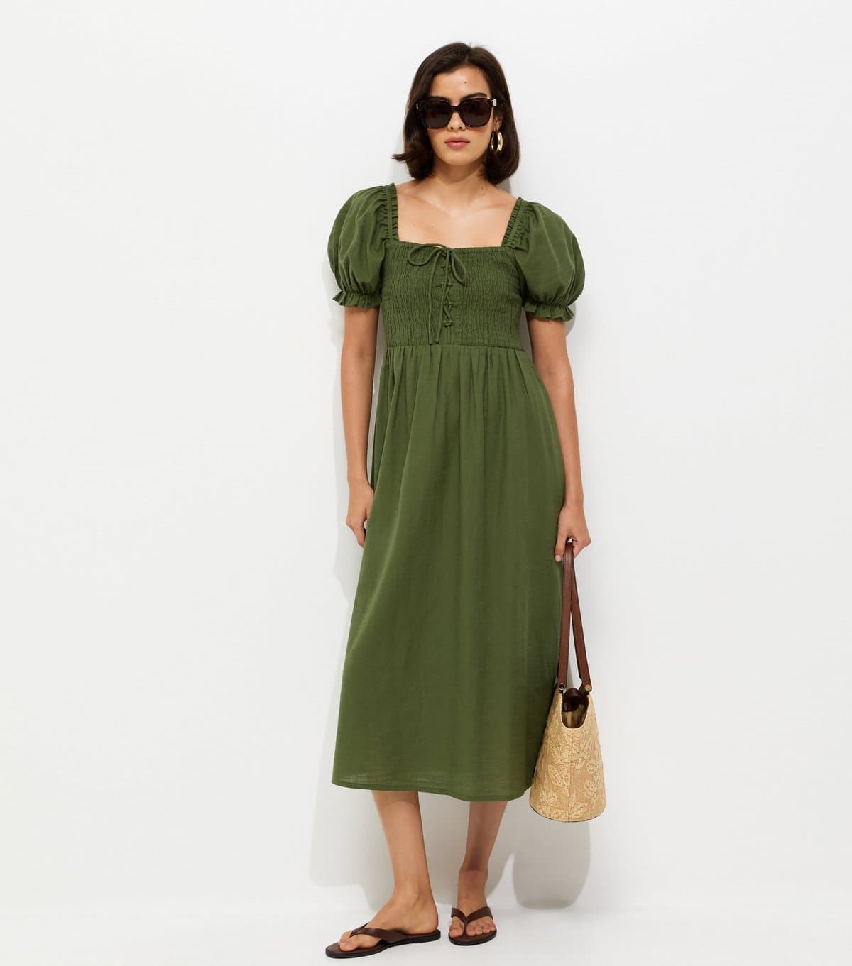 New Look Women's Dark Khaki Cotton Shirred Short Sleeve Midi Dress New Look