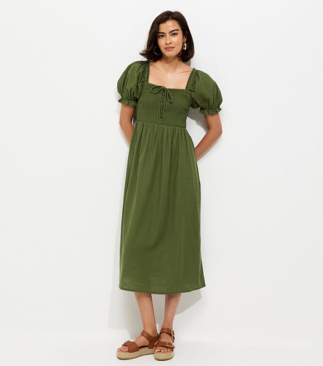 New Look Women's Dark Khaki Cotton Shirred Short Sleeve Midi Dress New Look - 2