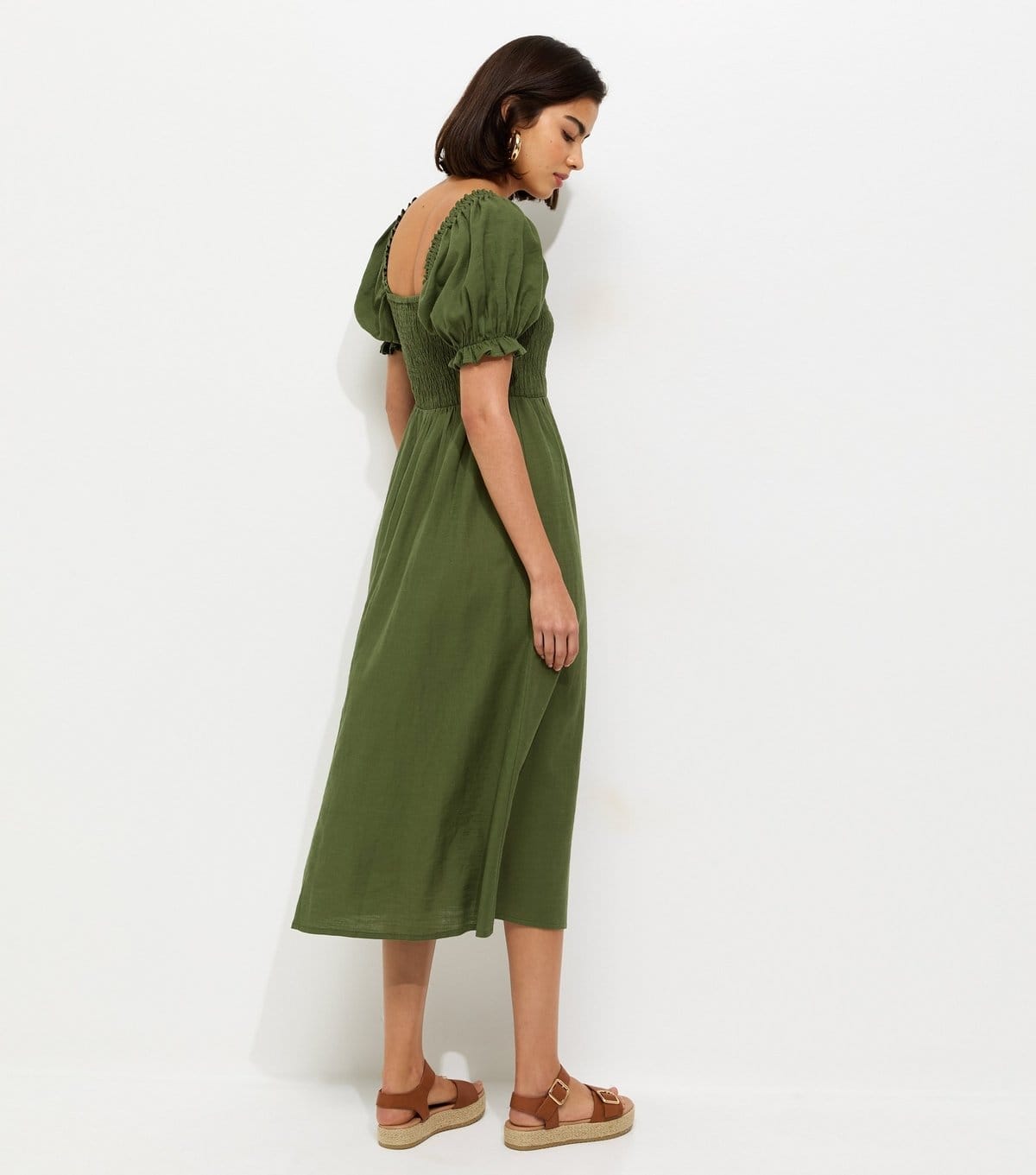 New Look Women's Dark Khaki Cotton Shirred Short Sleeve Midi Dress New Look - 4