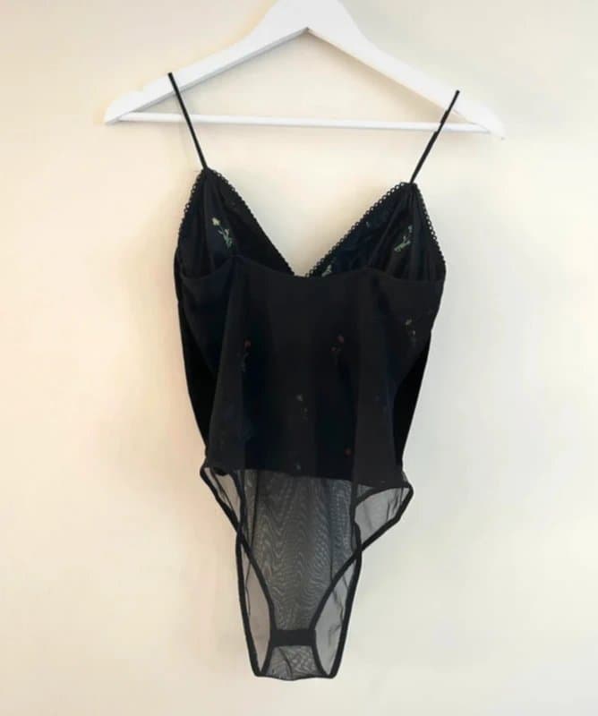 Topshop 🖤 Topshop Black Velvet Floral Embroidered Bodysuit Mesh Cami Y2K UK 8
